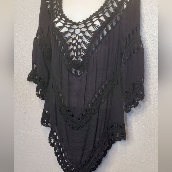 💚5/$25 Black Crochet Long Tunic Top Coverup Boho Festival Off The Shoulder - Picture 2 of 9